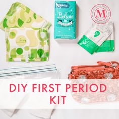 the diy first period kit is laid out on a white surface with text overlay