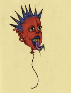 a drawing of a weird looking creature with spikes on its head and tongue sticking out