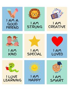 four different cards with the words affirmation cards for kids to print on them