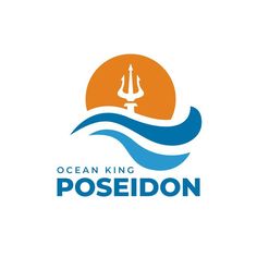 the ocean king poseidon logo is shown in blue and orange with an anchor on it