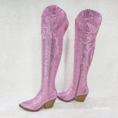 Brand New Stunning Country Western Thigh High Boots By Style Loop Super Sparkle Purple Rhinestone Boots Western Cut 3" (Approx.) Heels Half Side Zipper For Easy Usage Brilliant Coloring Definite Head Turners Total Height Including Heel 23" Western Style Knee-high Boots With Pointed Toe For Party, Trendy Embellished Fitted Boots, Pink Fitted Boots For Party Season, Fitted Pink Boots For Party Season, Fitted Bling Boots With Round Toe, Fitted Round Toe Boots With Bling, Trendy Pink Boots For Party Season, Country Glam, Rhinestone Boots