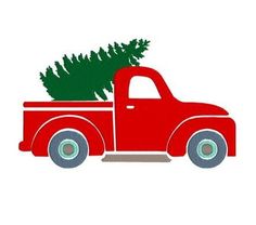 a red truck with a christmas tree in the back