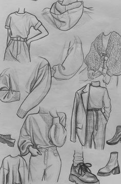 sketches of clothes and shoes are shown in this drawing