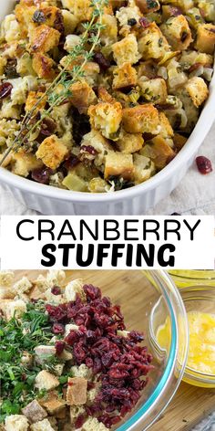 cranberry stuffing in a casserole dish with oranges and other ingredients