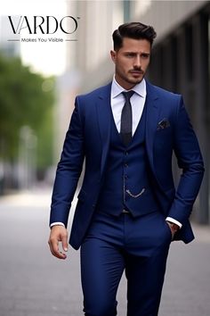 Best Three Piece Suits For Men, Mens Wedding Suits Navy Blue, Mens Tux Colors For Wedding, Navy Blue Wedding Suits For Men, Wedding Mens Tuxedo, Mens Suits Wedding Blue, Indigo Suit Men, Tuxedo For Men Blue, Blue Tuxedo For Men Prom