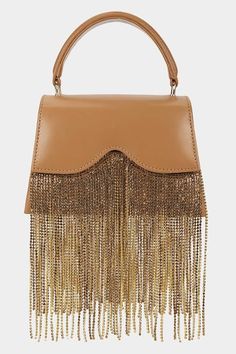 Tan rectangle shaped bag with studded chain danglers and stitchline embroidered border. - Aza Fashions Embroidered Border, Rectangle Shape, Brown Suede, Aza Fashion, Bag Accessories, Handbags, Chain