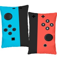 two pillows with buttons on each one and the other is black, blue, and red