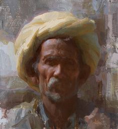 an oil painting of a man wearing a yellow hat