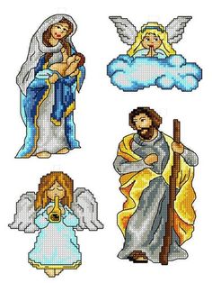 four cross stitch pictures of jesus, mary and baby jesus with angel wings on them