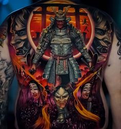 the back of a man's body with tattoos on it, including an image of samurai