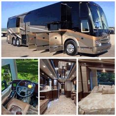 the interior and exterior of a luxury motor home