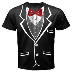 Tuxedo T-Shirt, Funny T-Shirt For St. Patrick's Day, Halloween Custom, Christmas Holiday Party T-shirt With Short Sleeves, Fitted Cotton T-shirt For Party, Summer Party Top With Bow Tie, Red Fitted T-shirt For Party, Black Cotton T-shirt For Party, Casual Party Tops With Bow, Party Tops With Bow And Short Sleeves, Cotton T-shirt With Glitter Print For Party, Cotton Short Sleeve T-shirt For Party