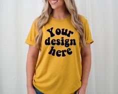 Are you finally ready to launch your new designs while searching for beautiful Bella Canva 3001 t-shirt mockups for your e-commerce business? Today is your lucky day! You have stumbled upon an amazing selection of unique and beautiful mockups for your Bella Canva 3001 military green t-shirt. Simply drag your design onto the mockup and you are ready to go. This saves you time and effort, which can be used elsewhere to focus on other important tasks.  What you will get : Bella + Canvas 3001 Mustard n T-shirt Mockup :   - 1 jpg file (free of watermarks)  - 5000 px X 4000 px - 300 dpi  Please note that NO physical item will be shipped. This is a digital file. COPYRIGHT & TERMS OF USE This file is subject to © COPYRIGHT and is the intellectual property of ©Thibophotos. PERSONAL AND COMMERCIAL U Yellow Cotton Tops With Custom Print, Yellow Cotton Shirt With Custom Print, Yellow Short Sleeve Tops With Custom Print, Yellow Crew Neck Top With Custom Print, Graphic Tee With Custom Print And Crew Neck, Custom Print Crew Neck Graphic Tee, Custom Print Relaxed Fit Crew Neck Top, Yellow Custom Print Graphic Tee, Yellow Graphic Tee With Custom Print