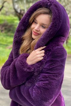 WOMEN’S SHORT DESERT WARRIOR COAT FEATURES High quality faux fur. ** Limited Edition Super Plush Faux Fur. Purple is extinct. Light Pink or Dark Brown are available. Lined with super soft cuddle minky fabric. Over sized fur lined hood and large lapel. 2 Deep zipper pockets on the inside front sides (large enough for a water bottle). 2 Outside pockets to keep your hands warm. 6" Invisible zipper ID "secret" pocket on the inside left chest lining. 3 Outside button closures or 3 hook & eye closures Cheap Faux Fur Women's Outerwear, Purple Apres’ Ski Fur, Desert Warrior, Chinchilla Fur, Fur Hood Coat, Cozy Coats, Snow Outfit, Vest Coat, Over Sized