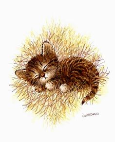 a drawing of a kitten sleeping on top of dry grass