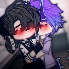 an anime character with purple hair and piercings on his ears, holding onto another person's shoulder