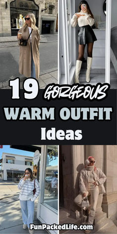 Image showcases four chic warm outfit ideas for women, perfect for the colder seasons. The text '19 Gorgeous Warm Outfit Ideas' is prominently displayed in bold colors. Outfits include a long beige coat with jeans, a cream sweater paired with a black leather skirt and tall boots, a striped sweater with relaxed denim, and a quilted jacket with neutral trousers and earmuffs. Montana Winter Outfits, Cute Cozy Fall Outfits, Casual Cold Weather Outfits, Jumpsuit Outfit Winter, Cute Warm Outfits, Chic Knitwear, Bonfire Outfit, Warm Outfit Ideas, Winter Layering Outfits