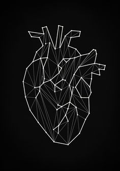 a black and white photo of a heart made up of lines on a dark background