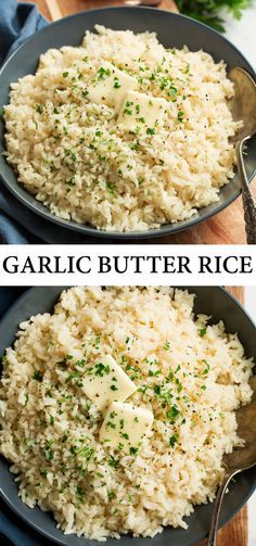 two pictures showing how to make garlic butter rice