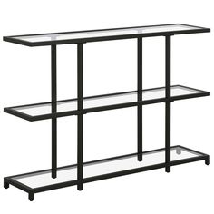 a black shelf with three glass shelves on each side and one shelf below the shelf