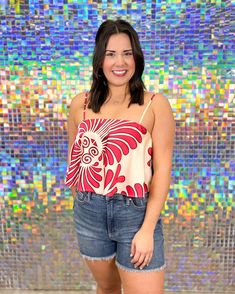 Entro Monica Cropped Top - Fuchsia, print, spaghetti strap, square neck, smocked, cropped, split back, satin Downtown Raleigh, Vacation Wardrobe, Stunning Tops, Fit Details, Women's Boutique, Ladies Boutique, Cropped Top, Back Design, Satin Fabric