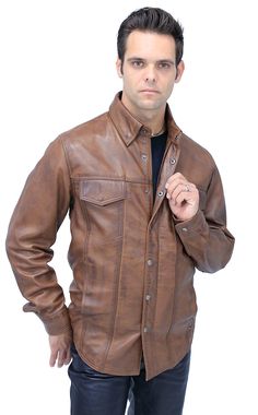 A men's brown leather shirt with a new tan antiqued finish for that well loved look. An amazingly comfortable men's shirt considered a lightweight leather jacket in premium soft lambskin leather. This lightweight brown leather shirt snaps and zips up front with features that include 2 front snap down chest pockets, 2 snap closed front belly pockets, adjustable double snap cuffs, long body style and a soft satin lining. Exclusive Jamin Leather® quality brand shirt. This men's brown leather shirt Classic Brown Shirt For Winter, Brown Spread Collar Shirt For Fall, Classic Brown Shirt For Fall, Classic Brown Fall Shirt, Rugged Brown Tops For Fall, Brown Rugged Tops For Fall, Rugged Brown Shirt For Fall, Brown Shirt With Snap Buttons For Fall, Classic Collared Leather Shirt