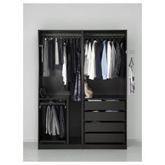 an open closet with clothes hanging on hangers and shoes in the bottom drawers