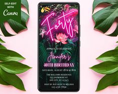 an image of a birthday party with pink flamingos and tropical leaves on the phone screen