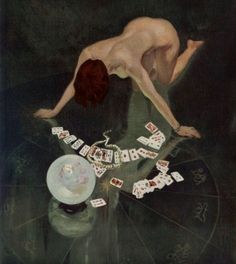 a painting of a naked woman playing cards on a table with other items around it