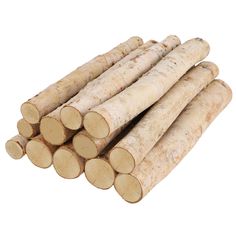 several logs stacked on top of each other in front of a white background with clippings