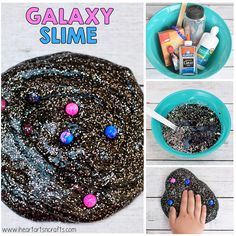 the process for making galaxy slime is shown in three different pictures, including one with sprinkles on it