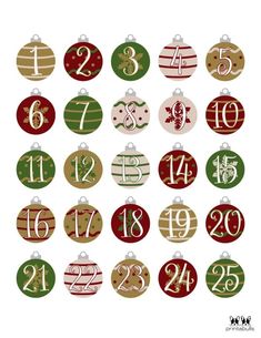 twelve christmas ornaments with numbers on them