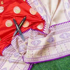 Cinnabar Red & Purple Pure Katan Silk Handwoven Banarasi Kadwa Saree - Khinkhwab Anarkali Traditional Wear With Paithani Silk Border, Semi-stitched Banarasi Silk Lehenga With Border, Festive Traditional Wear For Puja With Border Detail, Festive Traditional Wear With Border For Puja, Unstitched Katan Silk Traditional Wear With Border, Banarasi Silk Traditional Wear With Border, Festive Banarasi Silk Traditional Wear With Border, Paithani Silk Traditional Wear With Border, Banarasi Silk Anarkali With Border Detail