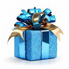 a blue gift box with gold ribbon and bows on it's top is shown in front of a white background