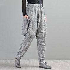 Comfortable, One of Kind. Harem online shop,|Street|Wool Blend|Plaid|Full Length|Pocket|Button|Harem|Female|Gray|One Size|Winter|Hand Wash Utility Baggy Bottoms With Welt Pockets, Plaid Baggy Wide Leg Bottoms, Baggy Plaid Wide Leg Bottoms, Casual Plaid Bottoms With Pockets, Spring Plaid Pants With Pockets, Baggy Ankle Pants With Patch Pockets, Baggy Ankle-length Pants With Patch Pockets, Baggy Ankle-length Bottoms With Patch Pockets, Casual Baggy Plaid Bottoms