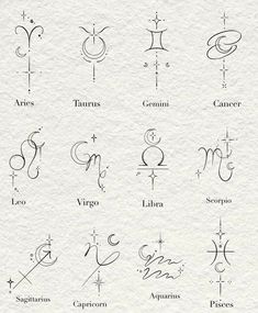 the zodiac signs are drawn on paper and have different symbols in each letter, as well as