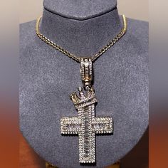 New Icy 14k Gold Finish Over Brass Cross With Crown Pendant + 18k Gold Finish 20” Franco Chain Over 925 Sterling Silver For Men & Woman. * Icy Cross With A Crown Pendant * 14k Gold Finish * Over Brass *White Cubic Zirconia * Chain * 18k Gold Finish * Over 925 Italian Sterling Silver * Chain Size: 20” * 100% Brand New * 100% Guarantee High Quality * 100% Lead And Nickel Free * 100% Hypoallergenic * Will Not Tarnish Or Fade *Smoke Free Pet Free Home - ***Free Jewelry Pouch Included*** Gift For Her Sterling Silver Cuban Link Diamond-cut Jewelry, Sterling Silver Cuban Link Jewelry With Diamond Cut, Sterling Silver Cuban Link Diamond Cut Jewelry, Sterling Silver Cuban Link With Diamond Cut, White Gold Cuban Link Jewelry Gift, Sterling Silver Cuban Link Necklace For Anniversary, Hallmarked Cuban Link Jewelry As Gift, White Sterling Silver Cuban Link Jewelry, Sterling Silver Cuban Link Jewelry For Gift