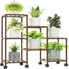 a set of four plant stands with different types of plants on each shelf and wheels