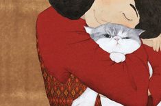 a painting of a woman hugging a cat with her face close to the cat's chest