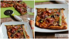 there are two pictures of different pizzas on the table and one has asparagus