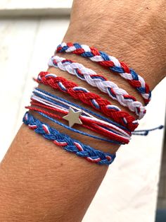 We love America! These bracelets express your love for this amazing country we live in! Perfect for mixing and matching, you can't go wrong with any of these. The detailed star bead finishes these off with the perfect touch.  Now more than ever, let's unite to show that WE LOVE THE USA! 🇺🇸 Cheap Handmade Patriotic Bracelets, Patriotic Red Beaded Bracelets For Independence Day, Patriotic Red Adjustable Beaded Bracelet, Patriotic Red Friendship Bracelet As Gift, Blue Adjustable Bracelets For 4th Of July, Adjustable Red Beaded Bracelets For 4th Of July, Patriotic White Jewelry For 4th Of July, Patriotic Multicolor Beaded Bracelets For 4th Of July, Blue Patriotic Bracelet For Friendship