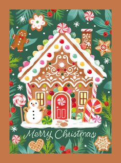 a christmas card with a gingerbread house