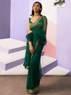 Ease-Green Organza Sari Set-INDIASPOPUP.COM Elegant Green Pre-draped Saree For Transitional Season, Elegant Green Blouse With Sheer Dupatta, Designer Fitted Pre-draped Saree For Wedding, Traditional Green Blouse For Evening, Green Blouse Piece With Resham Embroidery For Evening, Formal Blouse With Sheer Dupatta For Festive Occasions, Formal Silk Blouse With Sheer Dupatta, Formal Festive Blouse With Sheer Dupatta, Traditional Green Evening Blouse