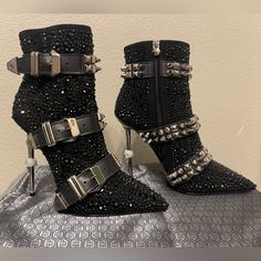 Limited Edition Philipp Plein Black Crystal Boots Never Worn - Includes All The Original Packaging And Accessories. Retail Is $3,780.00. Size: 39 Color: 02 Black Crystal Boots, Philipp Plein Shoes, Phillips Plein, Allergic Reaction, Philipp Plein, Black Crystals, Boot Shop, Stiletto Heels, High Fashion