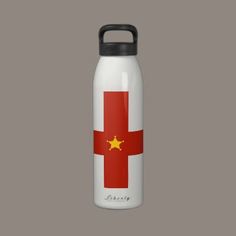 a red and white water bottle with the flag of china on it's side