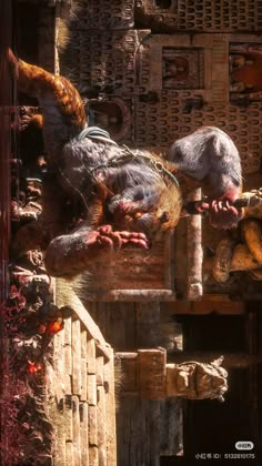 two birds sitting on top of a wooden structure next to another bird in the background