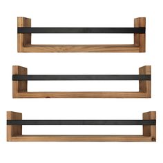 three wooden shelves with black metal handles