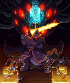 an image of some cartoon characters in front of a giant object with flames coming out of it