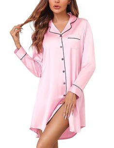 PRICES MAY VARY. 【Silk Pjs Material】This silk satin nightgown is made of 96% Polyester, and 4% Other Fibers. Soft, breathable, and skin-friendly nightshirt for women, perfect for sleeping or lounging at home. 【Boyfriend Nightshirt Style】Sleep shirts for women, Boyfriend nightshirts, Feature with notch collar, V neck button front, one chest pocket with contrast piping, knee length, and curved high-low hem design. The button down nightgown for women is easy to put on and take off, perfect for nurs Summer Long Sleeve Sleep Nightgown, Pink Long Sleeve Nightgown For Nighttime, Elegant Sleepwear For Sleepovers, Pink Button-up Sleepwear For Spring, Pink Long Sleeve Nightgown, Spring Pink Button-up Sleepwear, Summer Long Sleeve Chemise For Loungewear, Pink Button-up Sleepwear For Pajama Party, Pink Long Sleeve Sleepwear For Night