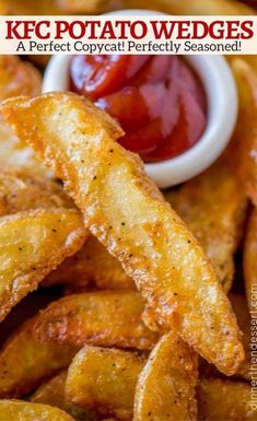 ketchup and potato wedges on a plate with ketchup in the background